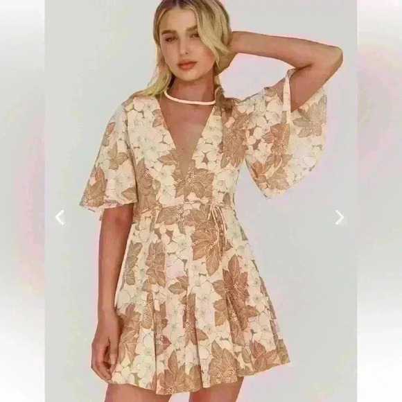 ONE AND ONLY COLLECTION - ESTELLE ANGEL SLEEVE DRESS FLORAL BROWN - Picture 4 of 12